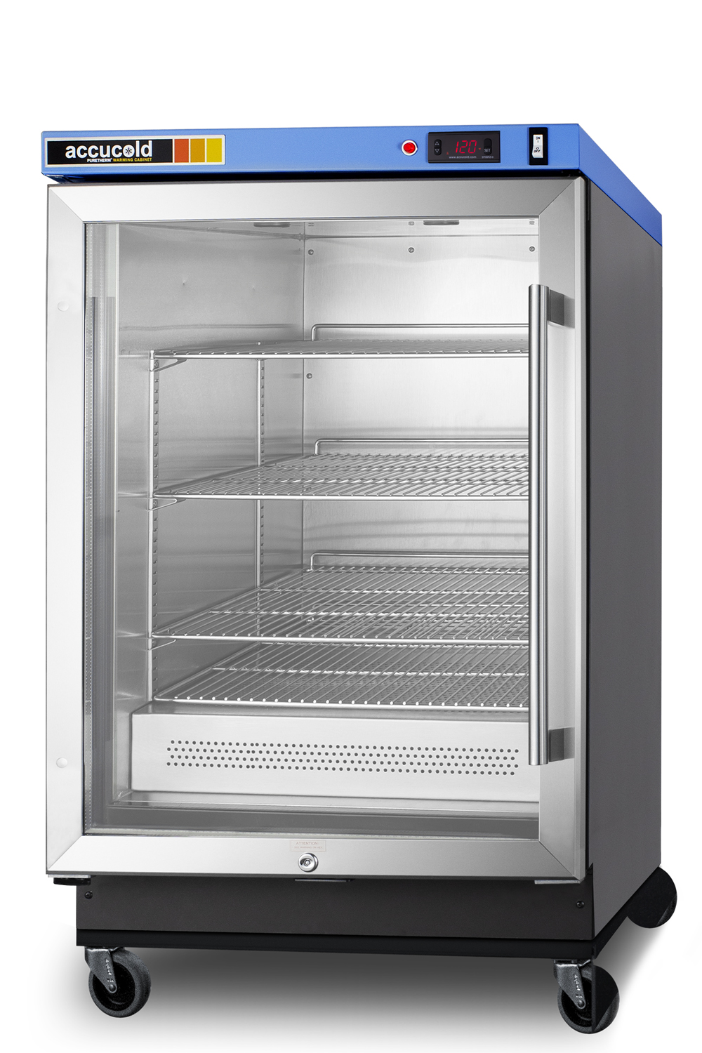 Single chamber passive heating blanket warmer with glass door, stainless steel interior and exterior, digital thermostat, and lock